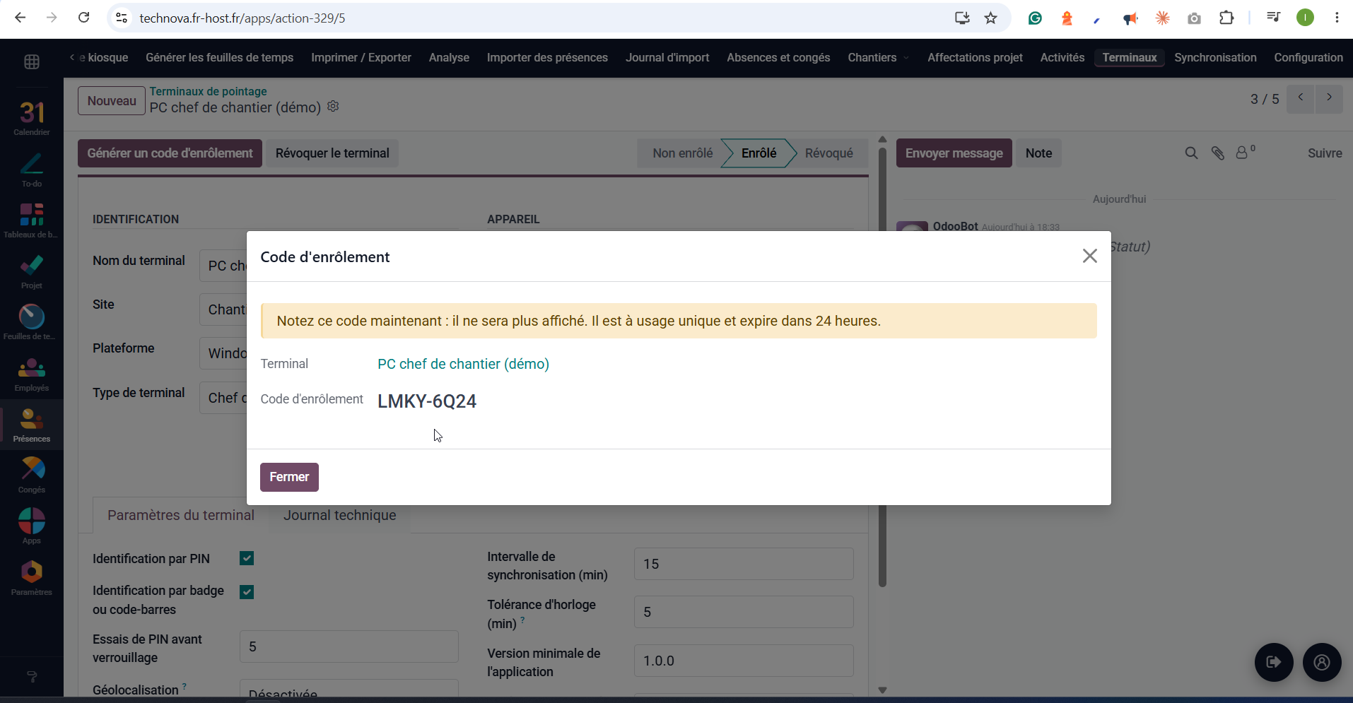 Terminal de type Chef de chantier dans Technova avec la fenêtre Code d'enrôlement