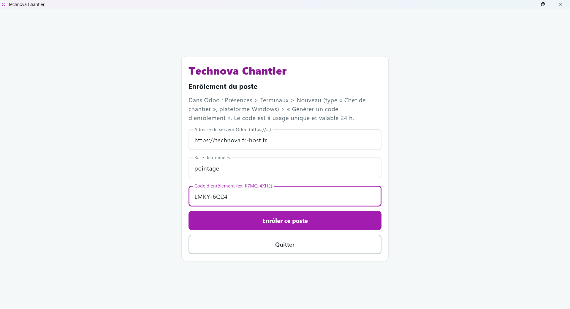 Écran Enrôlement du poste de Technova Chantier avec adresse, base et code saisis