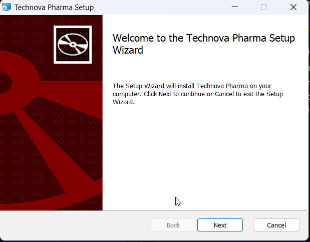Assistant d'installation Technova Pharma Setup, écran de bienvenue