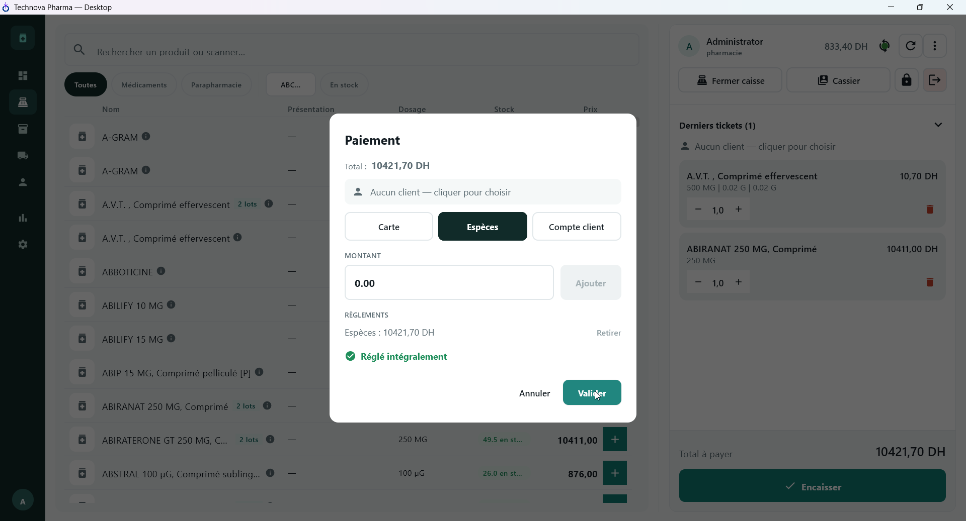 Fenêtre Paiement avec le mode Espèces et la mention Réglé intégralement