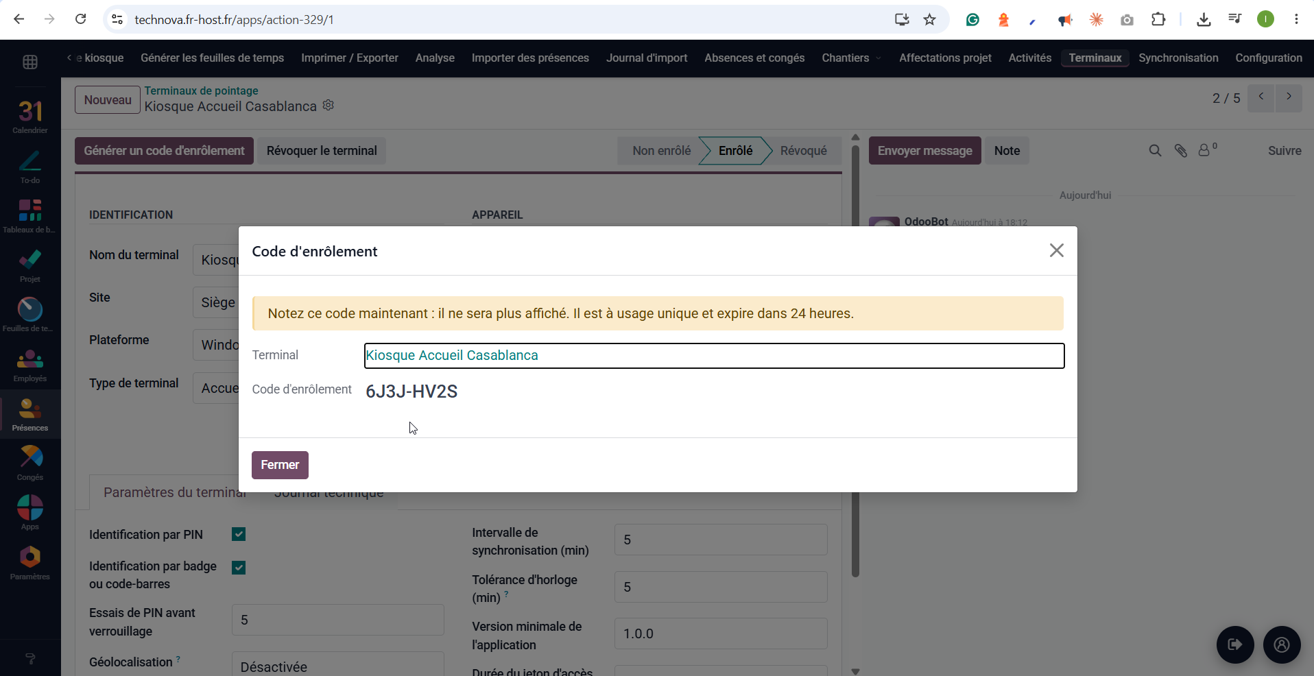 Terminal de pointage dans Technova avec la fenêtre Code d'enrôlement